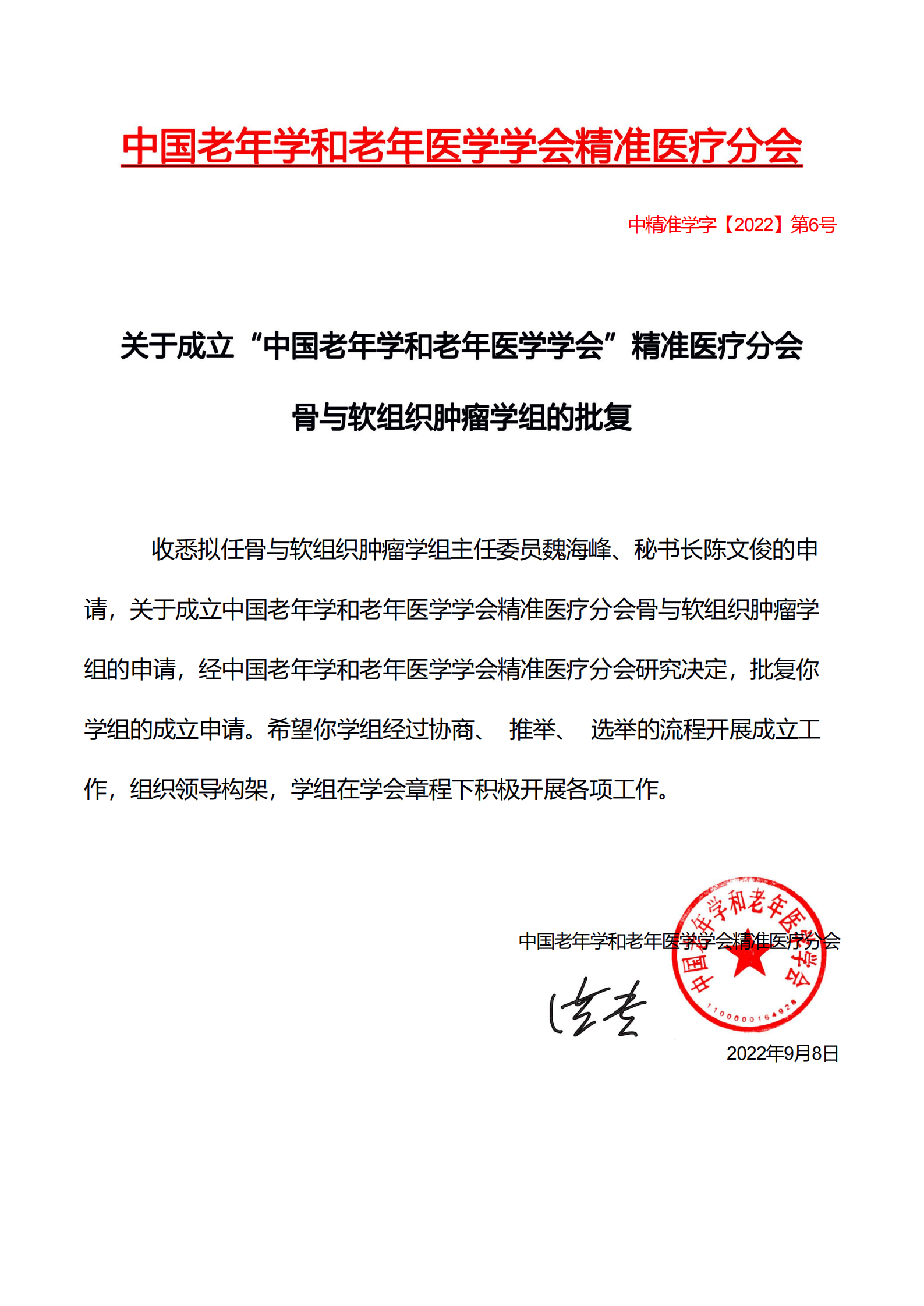 关于精准医疗分会骨与软组织肿瘤学组的批复